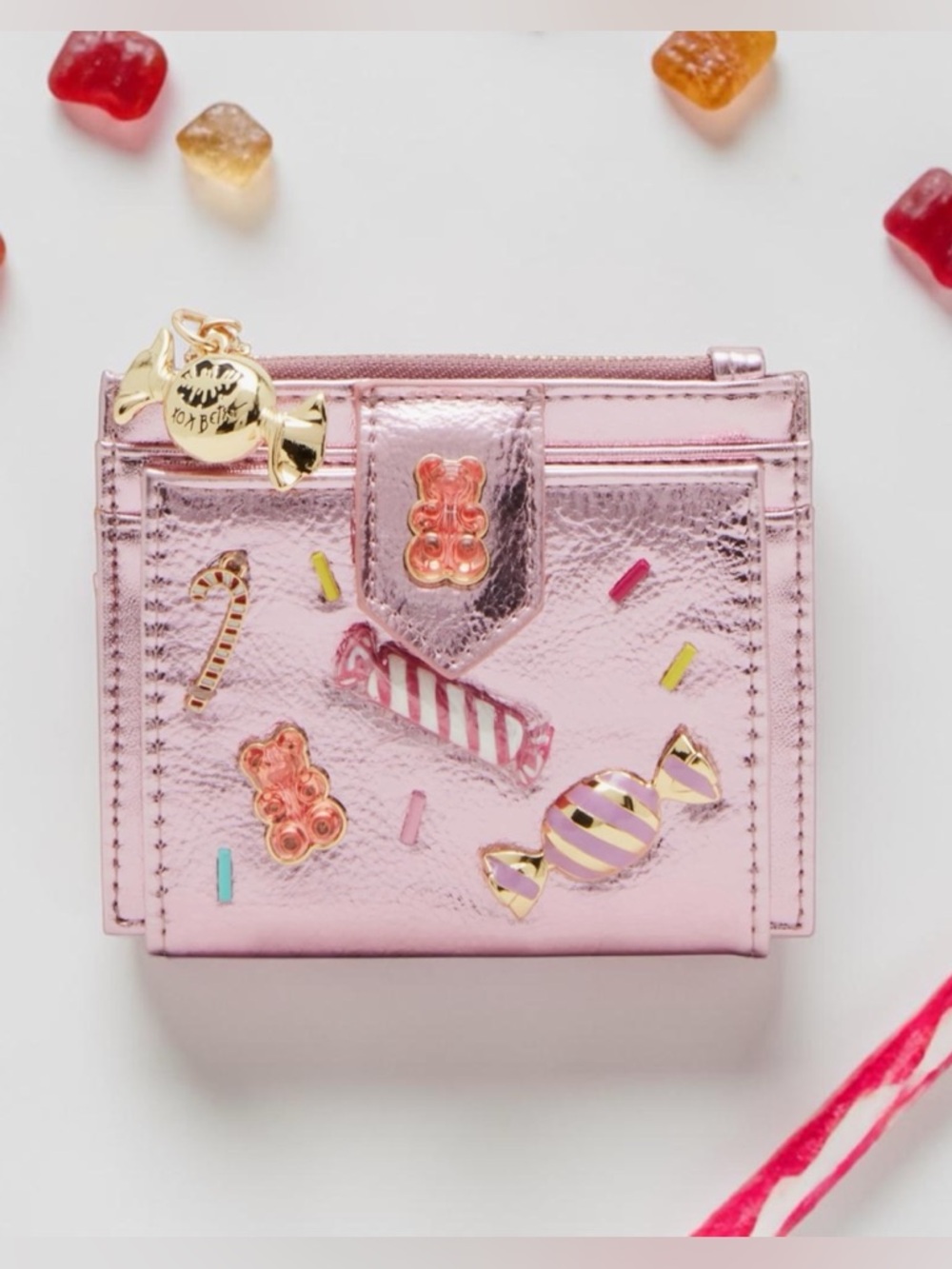 Betsey Johnson Candy charms bifold wallet, metallic pink NWT